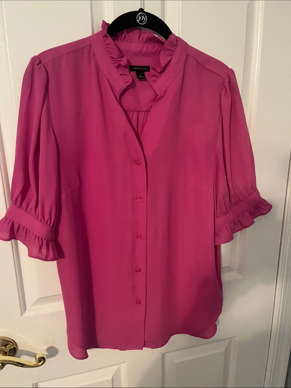 Ann Taylor Fuchsia Ruffle-Trim Button Front Blouse